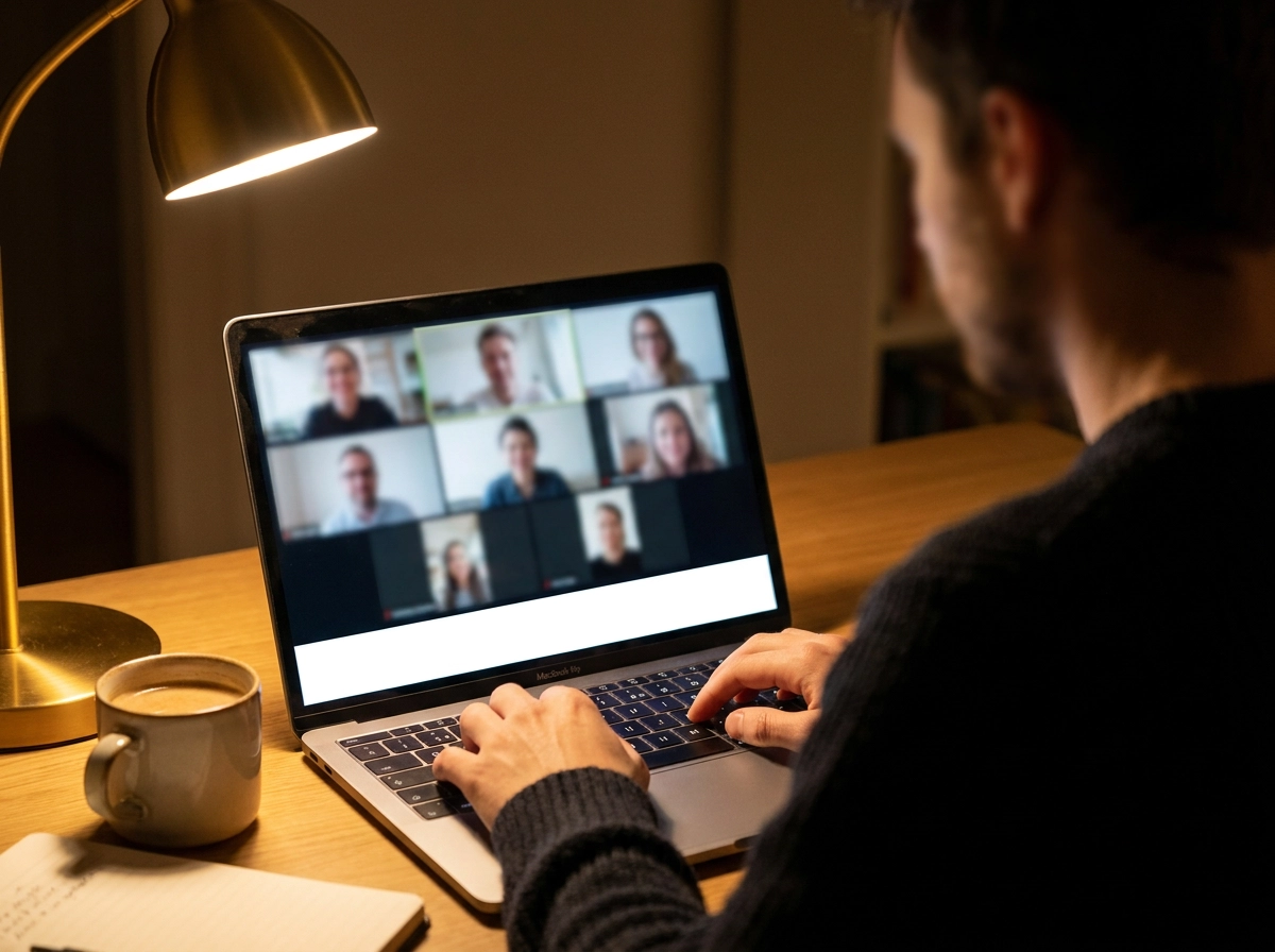 Blick über die Schulter auf einen Laptop mit einer Videokonferenz mit mehreren Teilnehmenden