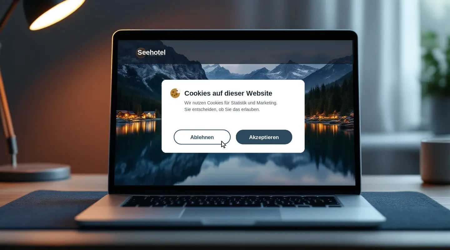 Laptop mit einer Hotel-Website; darüber ein Cookie-Banner mit den Buttons Ablehnen und Akzeptieren, der Mauszeiger steht auf Ablehnen