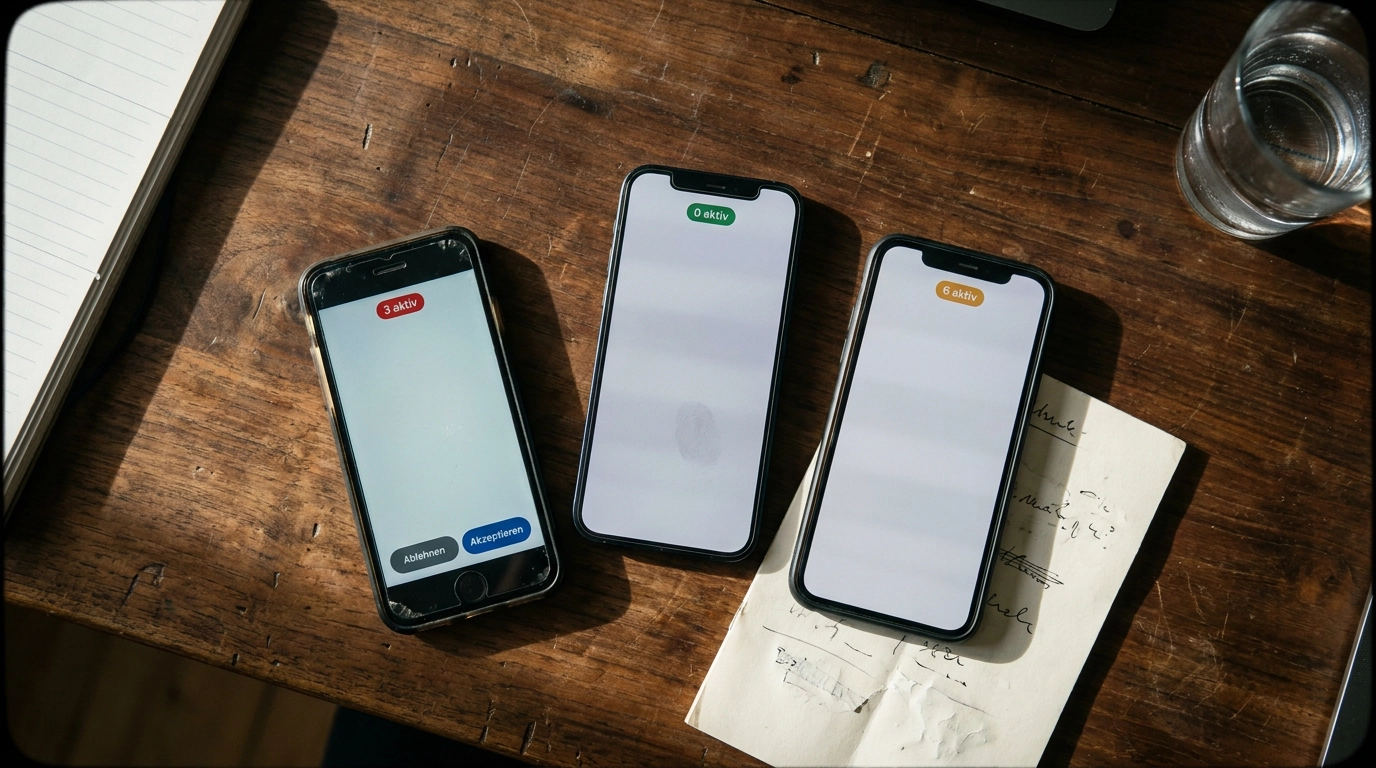 Drei Smartphones nebeneinander, jedes mit einem Cookie-Banner in einem anderen Zustand: 3 aktiv mit Ablehnen/Akzeptieren, 0 aktiv, 6 aktiv