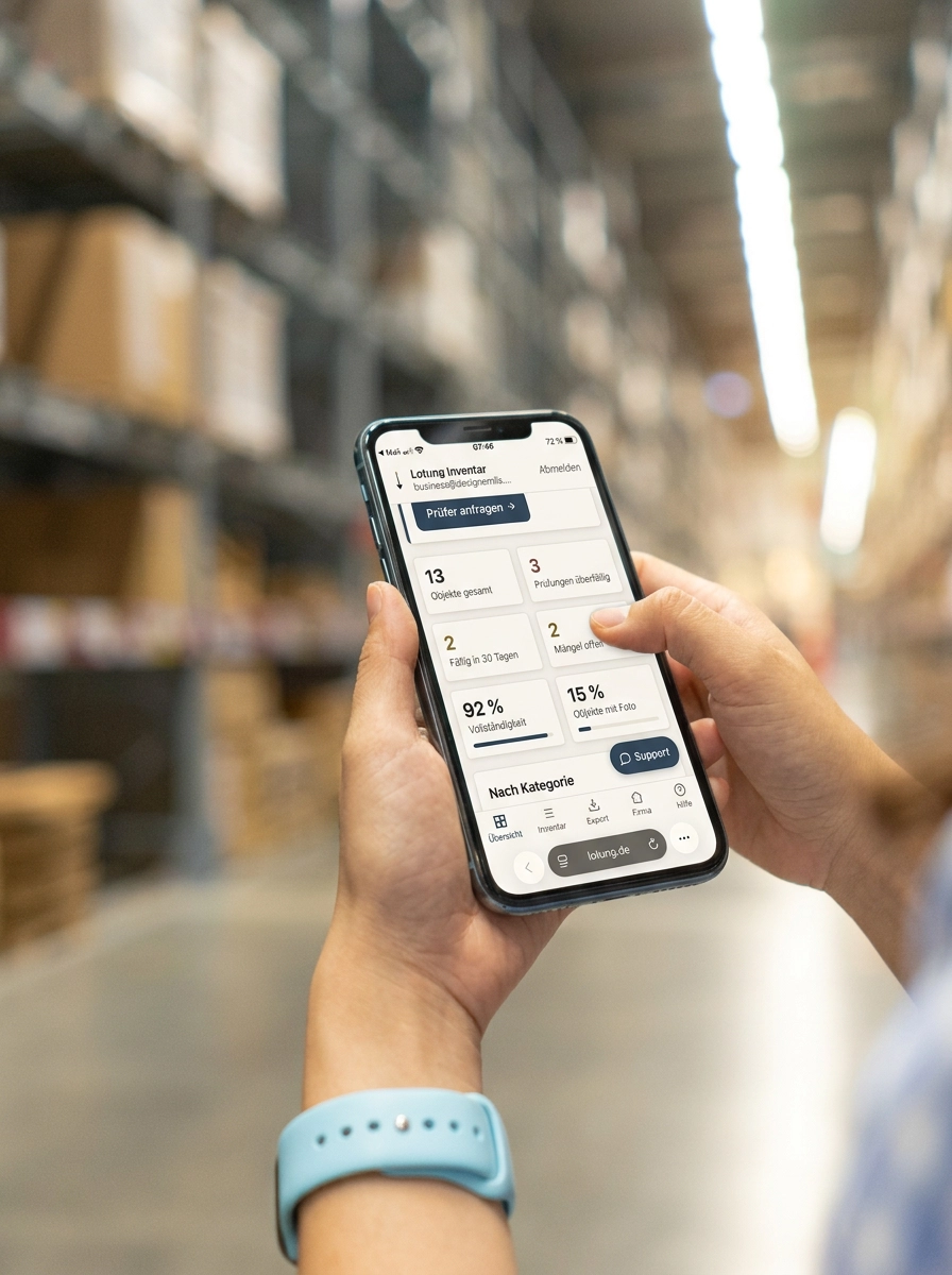 Hand hält ein Smartphone zwischen Regalreihen im Lager, auf dem Bildschirm die Bestandsübersicht des Inventarportals