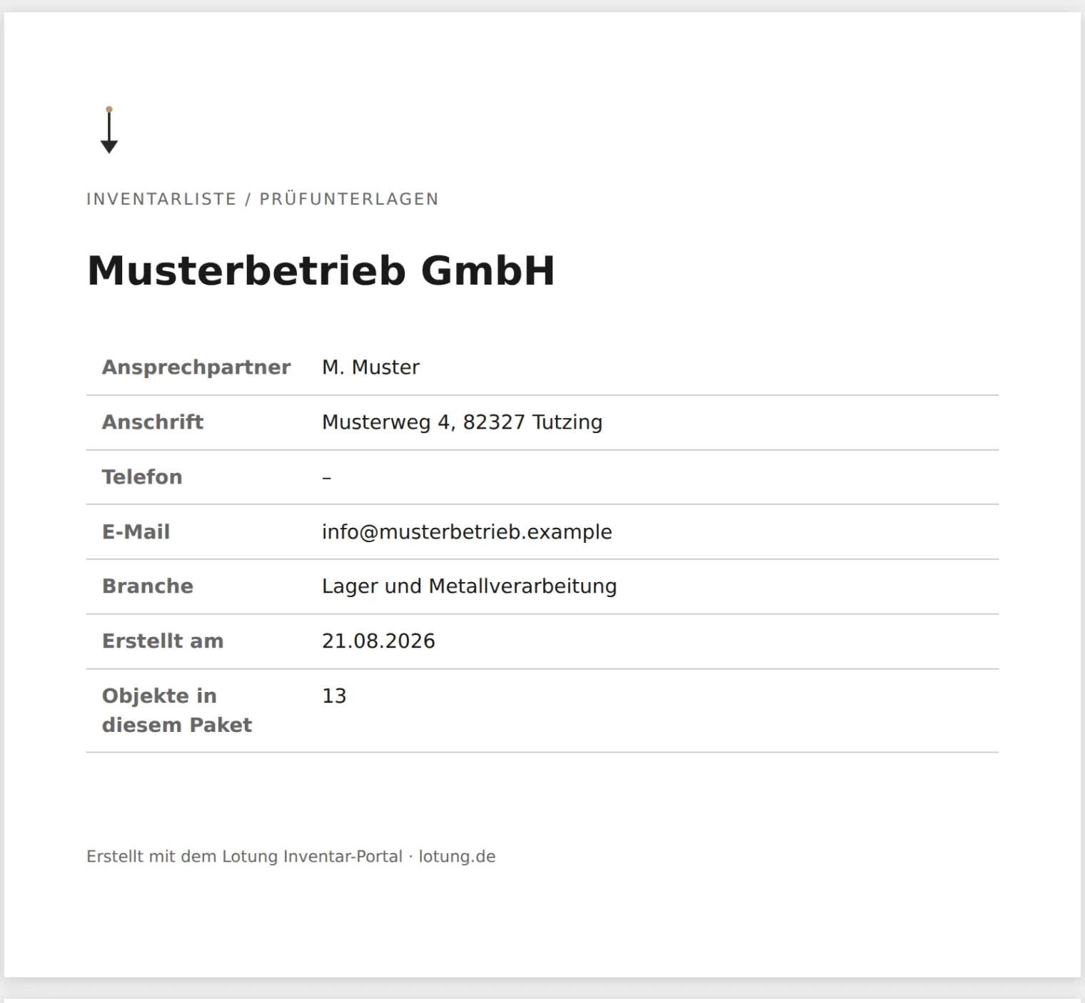 Deckblatt des Prüferpakets: Firmenname, Ansprechpartner, Anschrift, Erstellungsdatum, Zahl der Objekte im Paket und darunter die Zusammenfassung nach Kategorie mit überfälligen und auffälligen Stückzahlen