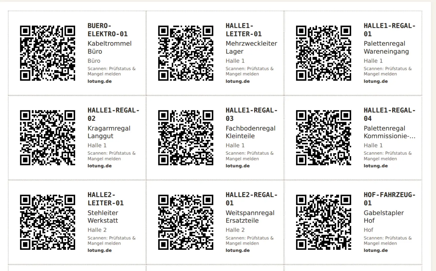 Etikettenbogen aus dem Portal: neun QR-Etiketten in drei Spalten, jedes mit Objekt-Kennung, Bezeichnung, Standort und dem Hinweis, dass der Scan Prüfstatus zeigt und Mängelmeldung erlaubt