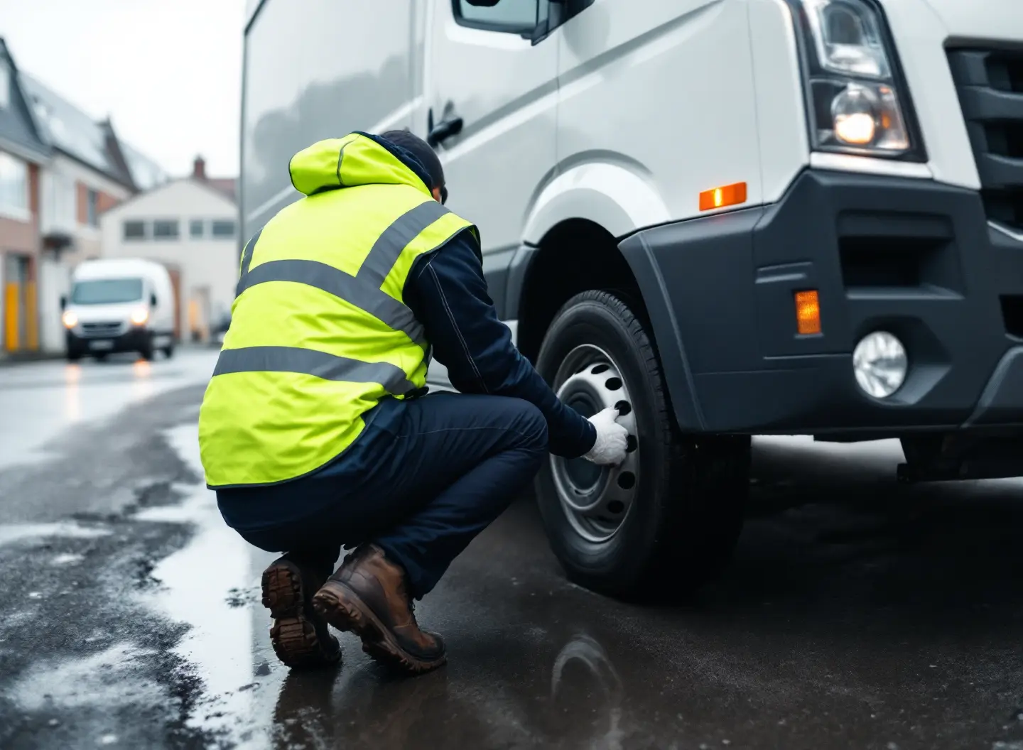 Abfahrtkontrolle vor Fahrtantritt: Fahrer prüft in der Hocke Reifen und Radbefestigung an der Vorderachse eines Transporters