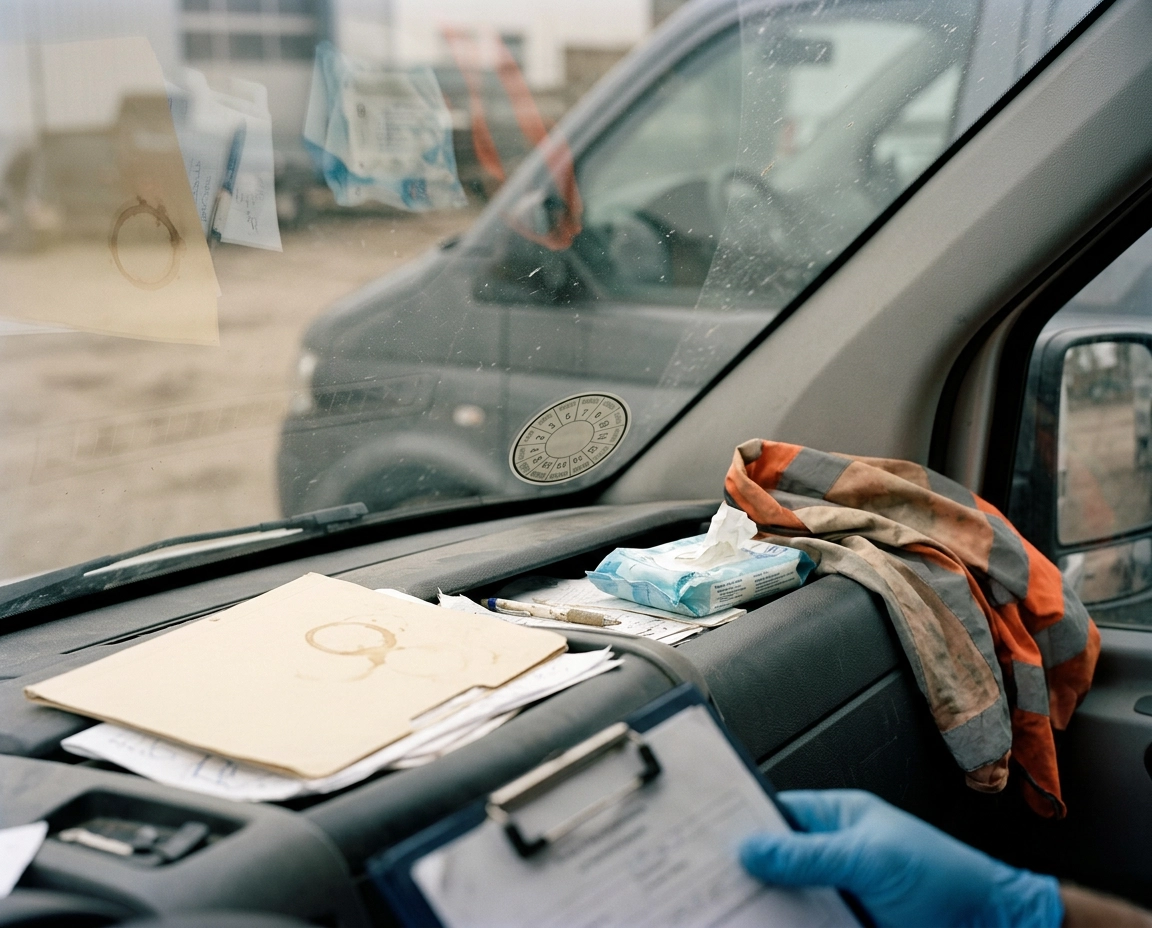 UVV-Fahrzeugprüfung: Prüfplakette mit der nächsten Fälligkeit an der Windschutzscheibe eines Firmenfahrzeugs